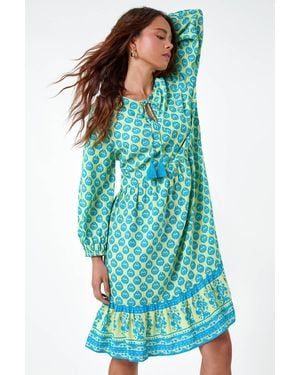 Roman Petite Border Print Tassel Smock Dress - Blue
