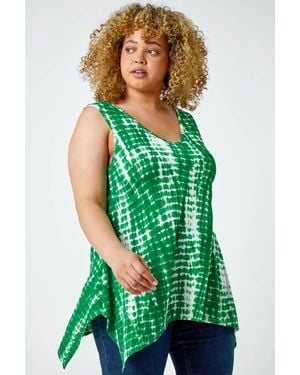 Roman Curve Tie Dye V-Neck Tunic Stretch Vest Top - Green