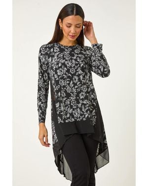 Roman Floral Puff Print Chiffon Hem Top - Black