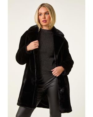 Roman Petite Longline Pocket Fur Coat - Black
