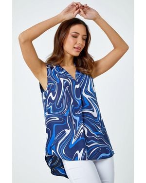 Roman Sleeveless Swirl Print V-Neck Chiffon Blouse - Blue