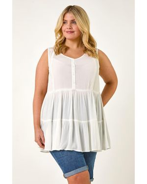 Roman Curve Lace Woven Button Vest - White