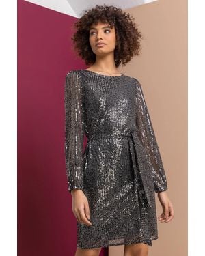 D.u.s.k Belted Sequin Sheer Sleeve Dress - Metallic