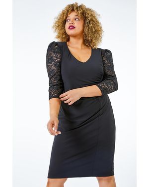 Roman Curve Lace Sleeve Stretch Shift Dress - Black