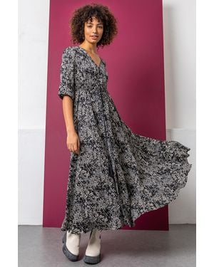 D.u.s.k Floral Print Shirred Waist Maxi Dress - Black