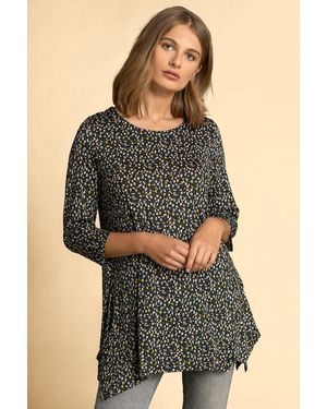Roman Ditsy Floral Print Hanky Hem Top - Blue