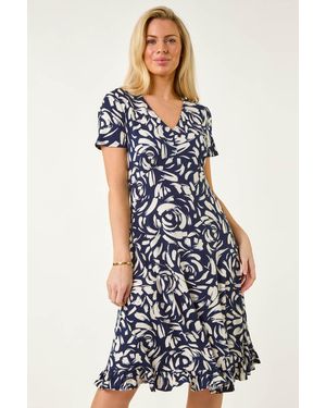 Roman Petite Abstract V-Neck Frill Stretch Dress - Blue