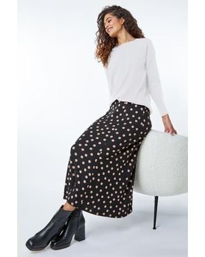Roman Stretch Midi Polka Dot Skirt - Black