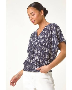 Roman Petite Floral Print Crinkle Blouson Top - Blue