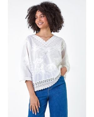 Lilly-and-Hope Cotton Floral Embroidered V-Neck Top - White