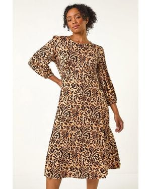 Roman Petite Floral Stretch Midi Dress - Brown