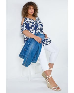 Roman Curve Floral Print V-Neck Cold Shoulder Top - Blue