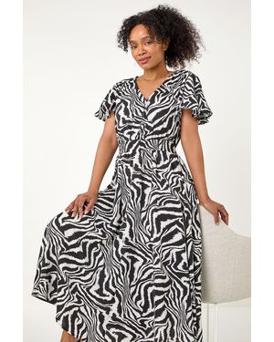 Roman Petite Animal Print Shirred Midi Dress - White