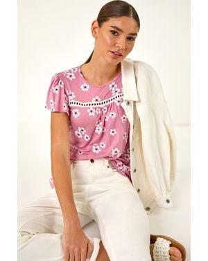 Roman Floral Print Ladder Trim Stretch Top - Pink