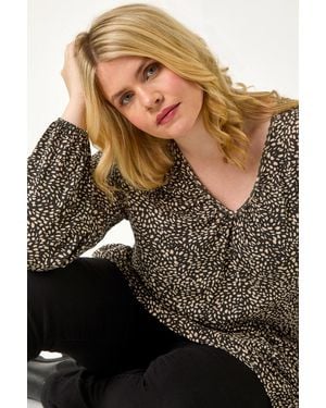 Roman Curve Abstract Print V-Neck Tunic - Black