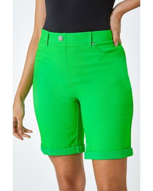 Roman Elastic Waist Turn Up Stretch Shorts - Green