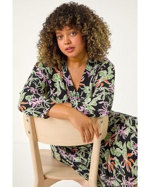Roman Curve Tropical Leaf Print Wrap Dress - Black