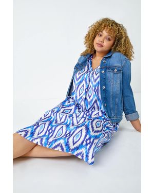 Roman Curve Aztec Print Relaxed Midi Dress - Blue