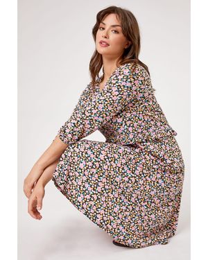 Roman Curve Frill Detail Floral Print Dress - Pink