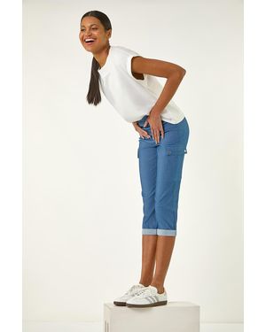 Roman Turn Up Stretch Cropped Cargo Trousers - Blue