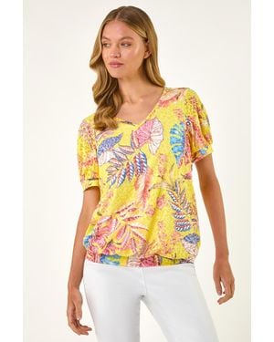Roman Floral Print Bubble Hem Tee - Yellow