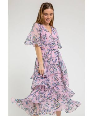 Roman Petite Floral Print Tiered Dress - Purple