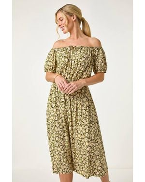 Roman Petite Ditsy Print Bardot Midi Dress - Natural