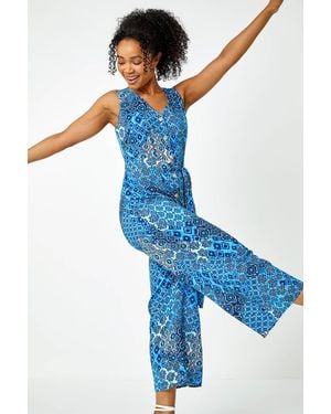 Roman Petite Aztec Button Through Jumpsuit - Blue