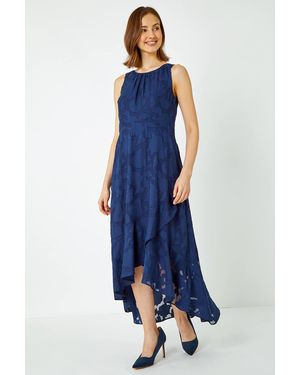 Roman Sleeveless Jacquard Dipped Hem Midi Dress - Blue