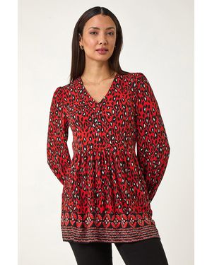 Roman Abstract Printed V-Neck Tunic Top - Red
