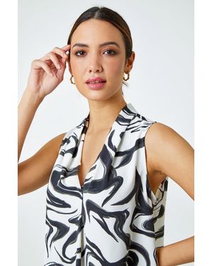Roman Sleeveless Swirl Print Pleat Front Top - White
