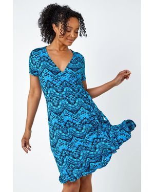 Roman Petite Aztec Tie Detail Wrap Dress - Blue