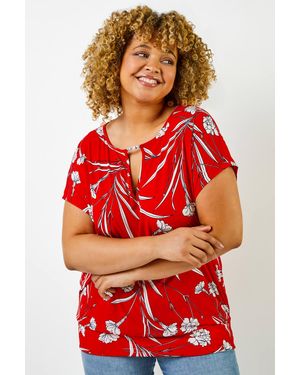 Roman Curve Floral Print Keyhole Detail V-Neck Top - Red