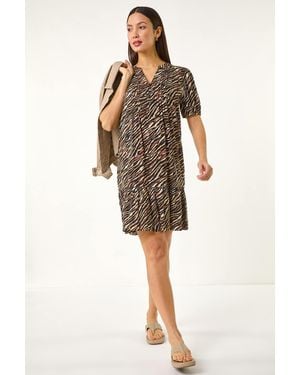 Roman Animal Print Pintuck Smock Dress - Black