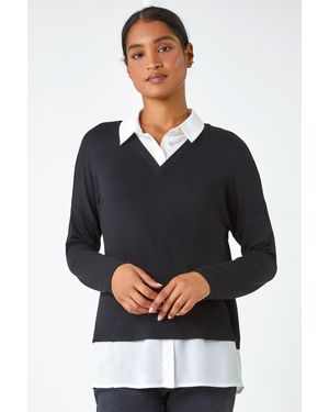 Roman Shirt Collar Stretch Top - Black