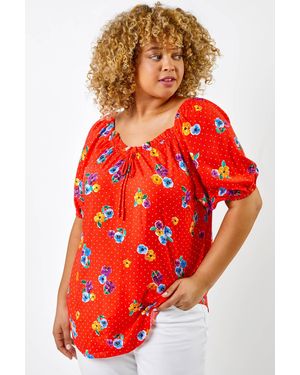 Roman Curve Spot Floral Print Sweetheart Neck Top - Red
