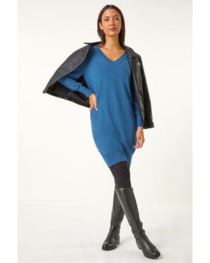 Roman V-Neck Knitted Jumper Dress - Blue