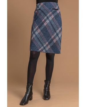 Roman Check Print Brushed Skirt - Blue