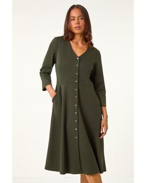 Roman Petite Roman Originals Petite V-Neck Button Detail Stretch Dress - Green