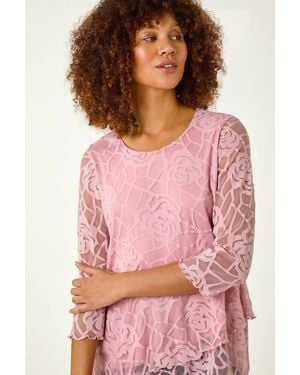 Roman Burnout Rose Detail Asymmetric Top - Pink