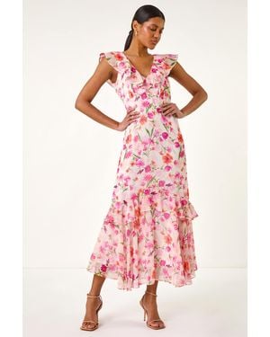 Roman Floral Print Chiffon V-Neck Midi Dress - Pink