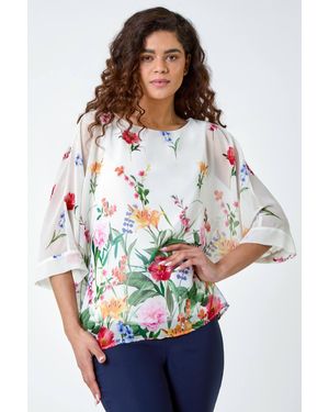 Roman Floral Border Print Overlay Top - White