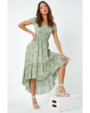 Roman Leaf Print Shirred Bardot Dress - Green