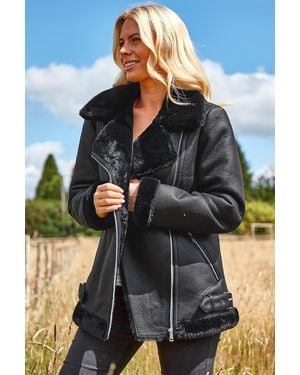 Roman Faux Fur Lined Zip Detail Belted Biker Aviator Jacket - Black