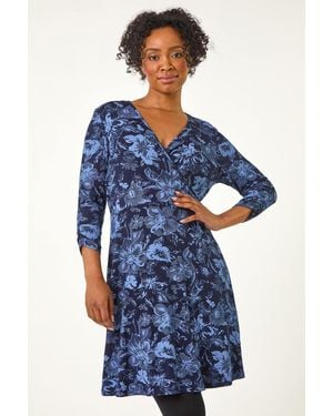 Roman Petite Shadow Floral Wrap Stretch Dress - Blue