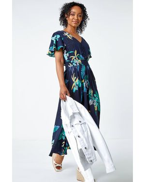 Roman Petite Floral Shirred Midi Dress - Blue