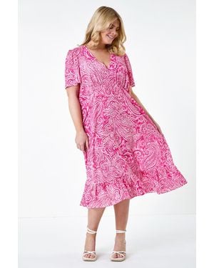 Roman Curve Paisley Tiered Frill Midi Dress - Pink