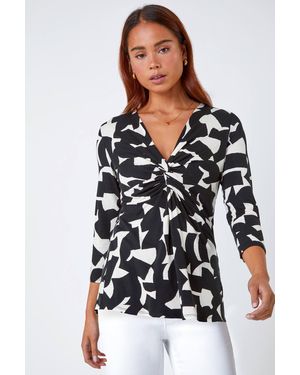 Roman Petite Geometric Print V-Neck Stretch Top - Black