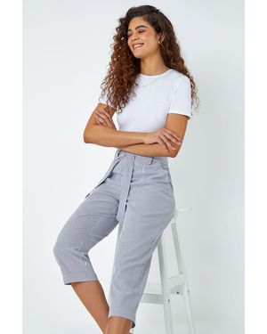 Roman Stripe Elastic Tie Waist Cropped Trousers - White