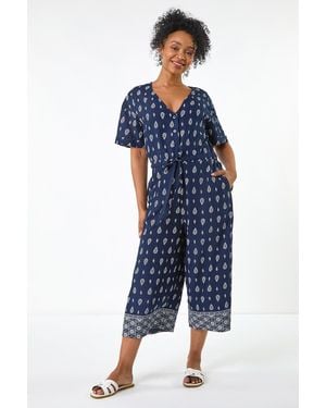 Roman Petite Print V-Neck Cropped Jumpsuit - Blue
